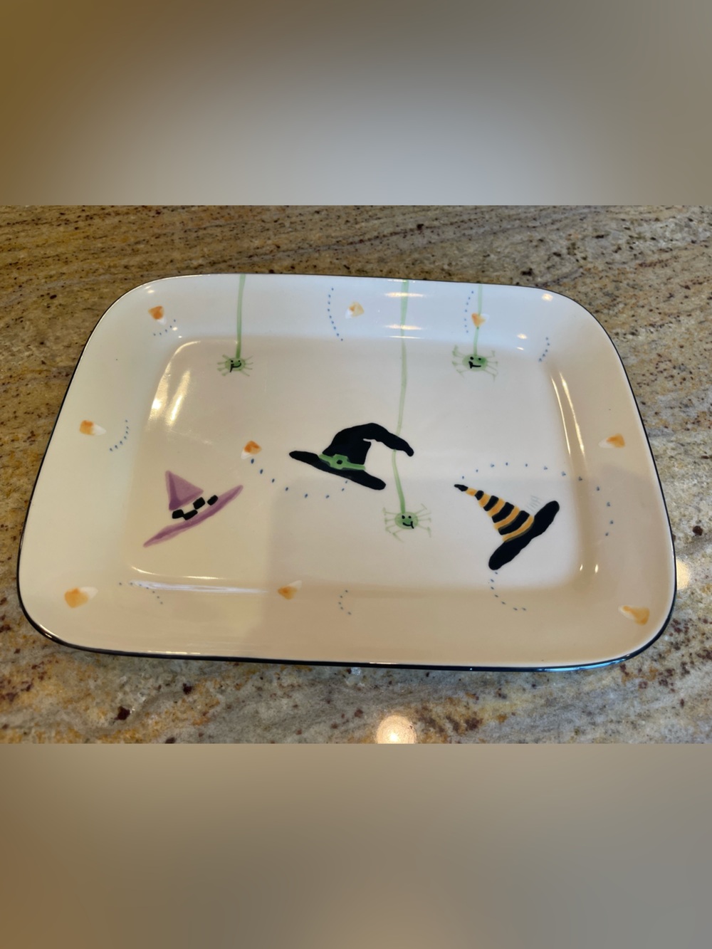 Crate & Barrel Hartstone Pottery Halloween Platter Whimsical Witch Hats Spiders